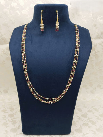 Elegant Copper Finish Pearl & Ruby Beaded Mala Set for Women – Traditional Artificial Jewelry with Matching Earrings