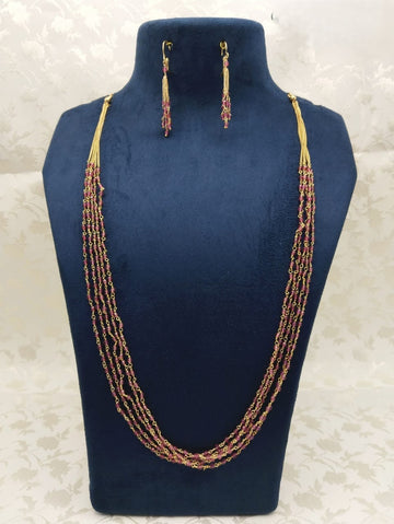 Multilayer Red Beaded Copper Finish Mala Set with Earrings – Elegant Traditional Artificial Jewelry for Women & Girls