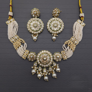 White & Gold Round Floral Kundan Pearl Necklace Set for Women | Traditional Bridal & Party Wear Jewellery