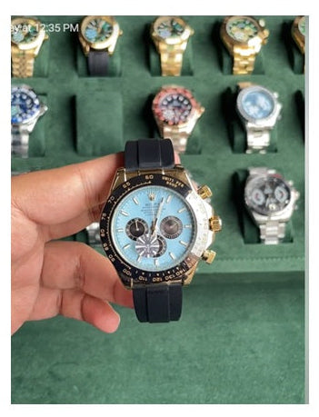 Men’s Luxury Chronograph Sports Watch – Ice Blue Dial & Black Silicone Strap