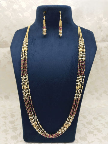 Elegant Multi-Layer Pearl & Ruby Beads Copper Finish Mala Set with Earrings – Traditional Artificial Jewelry for Women