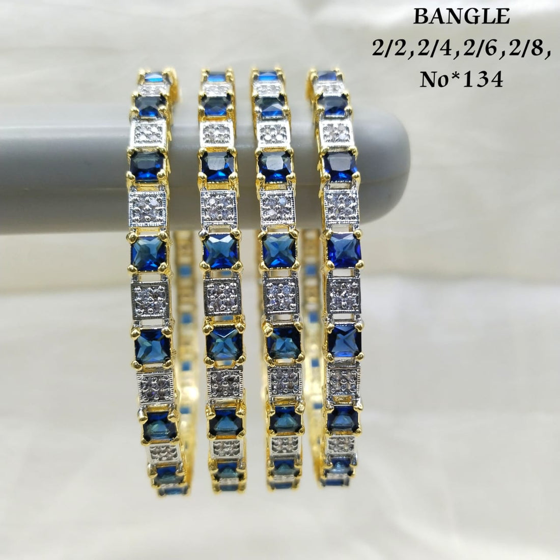 Premium Blue Stone Square-Cut Gold Plated Bangles for Women | CZ Studded Artificial Bangles | Sizes 2.2 / 2.4 / 2.6 / 2.8 | Model No. 134