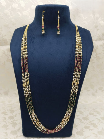 Triple Tone Multi-Layer Pearl, Green & Ruby Beads Copper Finish Mala Set with Earrings – Traditional Artificial Jewelry for Women & Girls