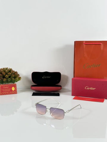 Cartier Inspired Rimless Rectangle Sunglasses – Silver Frame with Gradient Pink-Purple UV Lenses