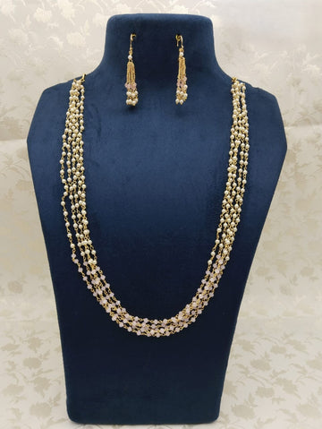Golden & Pearl Beaded Multi-Layer Copper Finish Mala Set with Earrings – Elegant Traditional Artificial Jewelry for Women & Girls
