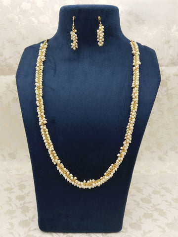 Golden Pearl Cluster Copper Finish Mala Set with Earrings – Elegant Traditional Artificial Jewelry for Women & Girls