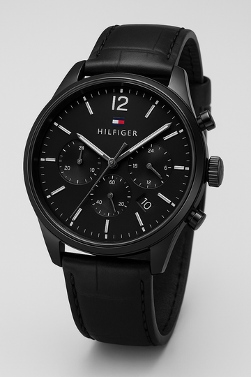 Men’s Black Luxury Analog Chronograph Watch with Leather Strap | Premium Stylish Wrist Watch for Men