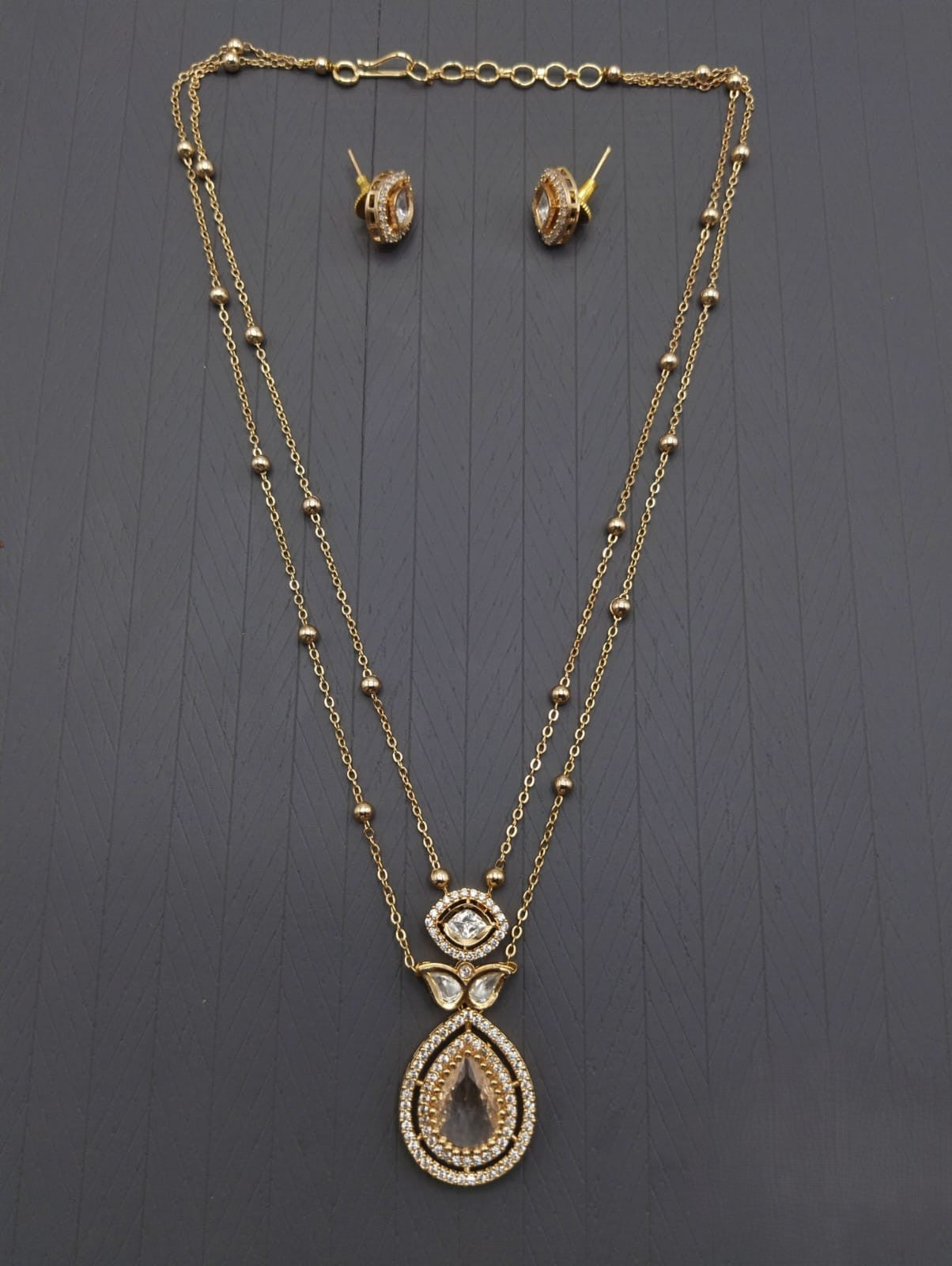 Gold-Plated Double Layer Tear Drop Pendant Necklace Set with Matching Earrings