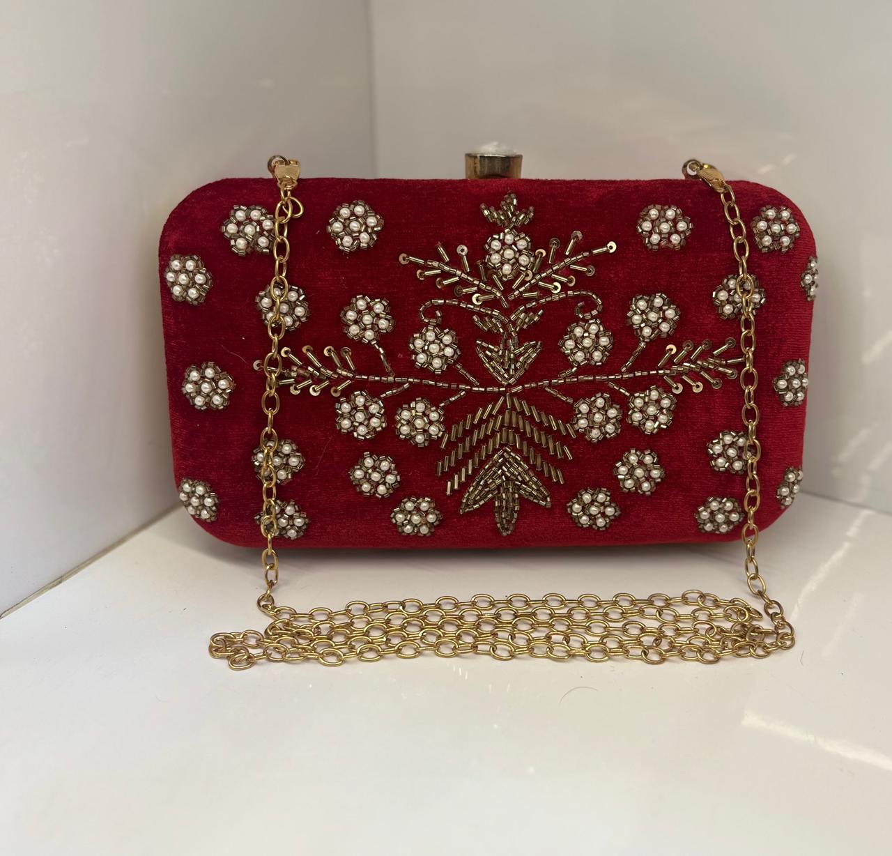 Royal Red Velvet Embroidered Evening Clutch