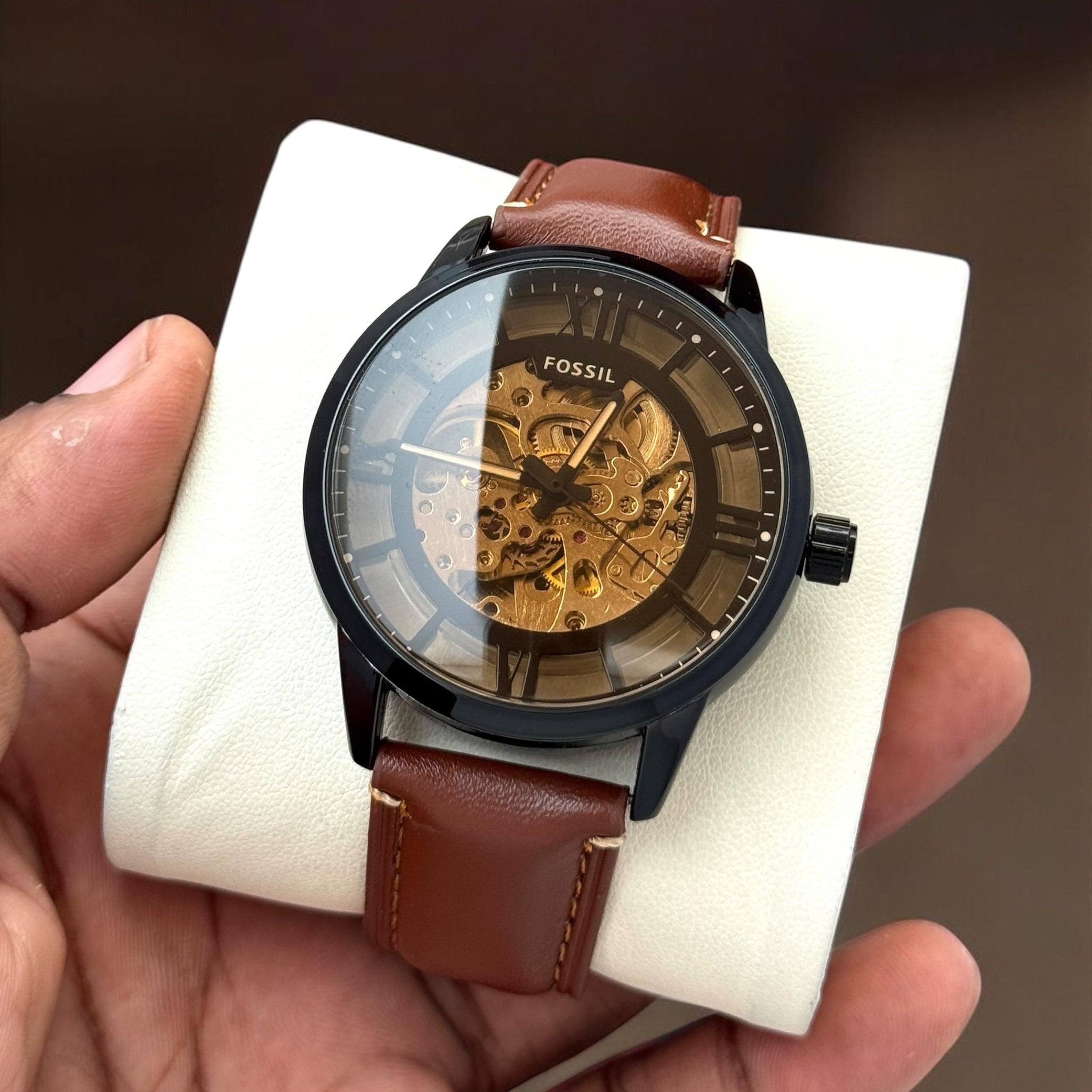 Fossil Skeleton Dial Automatic Watch – Elegant Brown Leather Strap