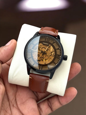Fossil Skeleton Dial Automatic Watch – Elegant Brown Leather Strap