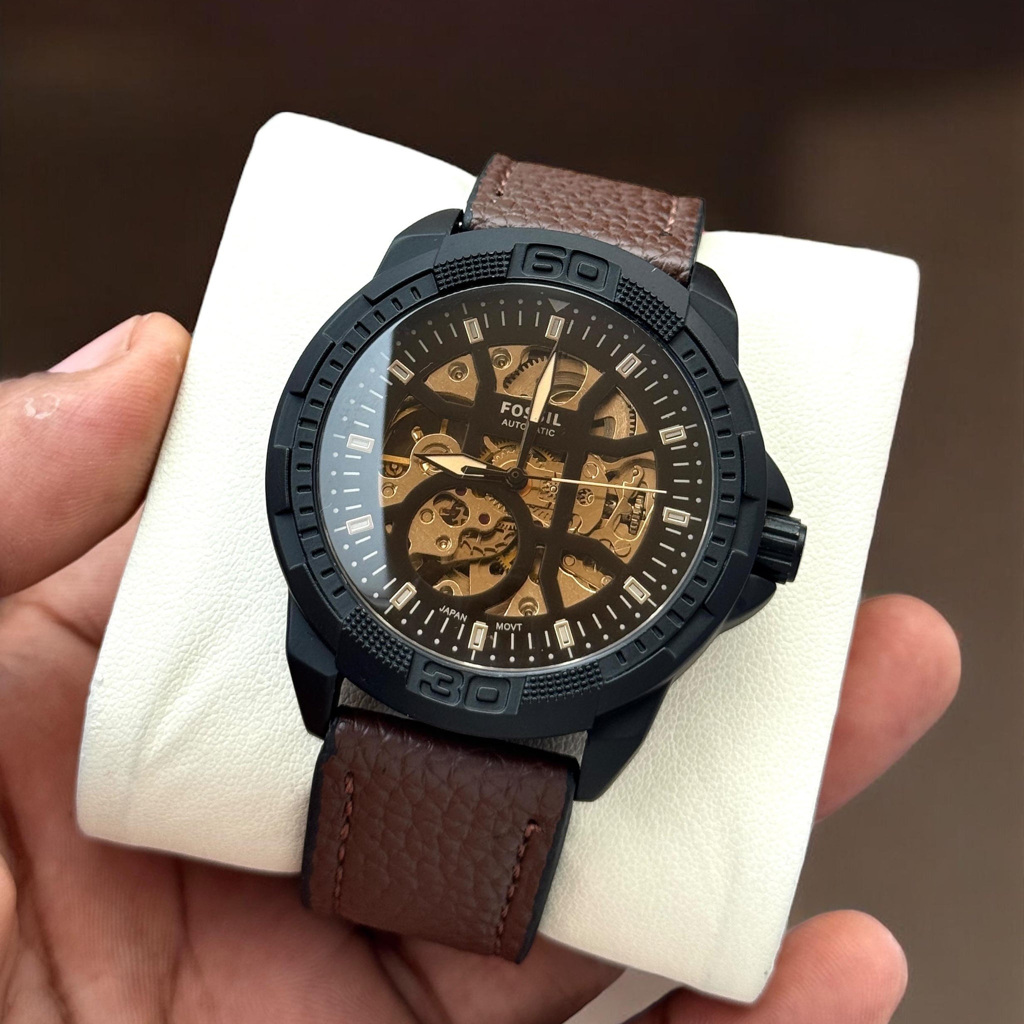 Fossil Black Bezel Skeleton Automatic Watch – Textured Brown Leather Strap