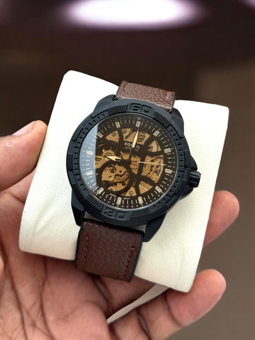Fossil Black Bezel Skeleton Automatic Watch – Textured Brown Leather Strap