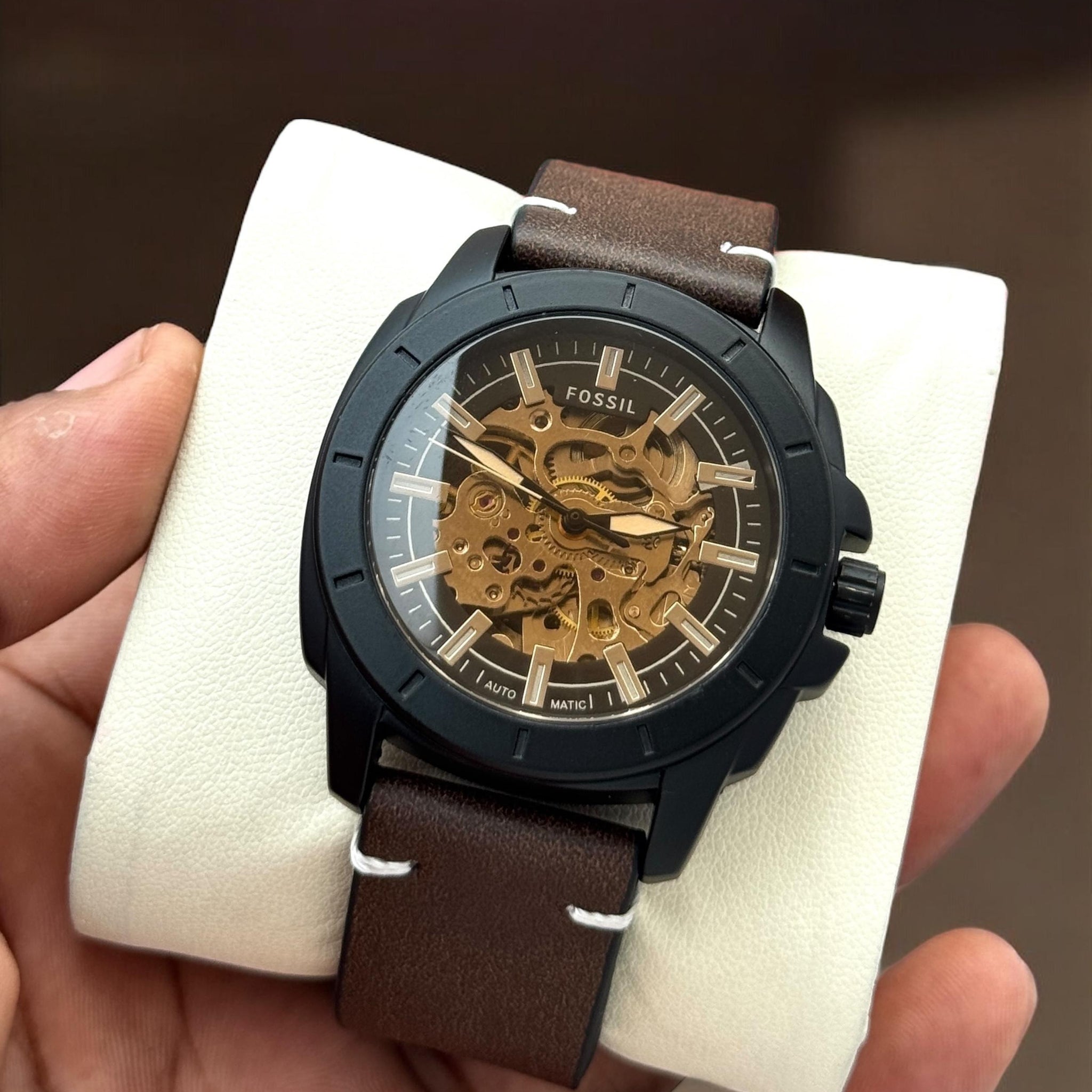 Fossil SportTech Skeleton Automatic Watch – Brown Strap & White Stitching