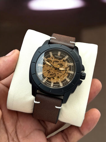 Fossil SportTech Skeleton Automatic Watch – Brown Strap & White Stitching