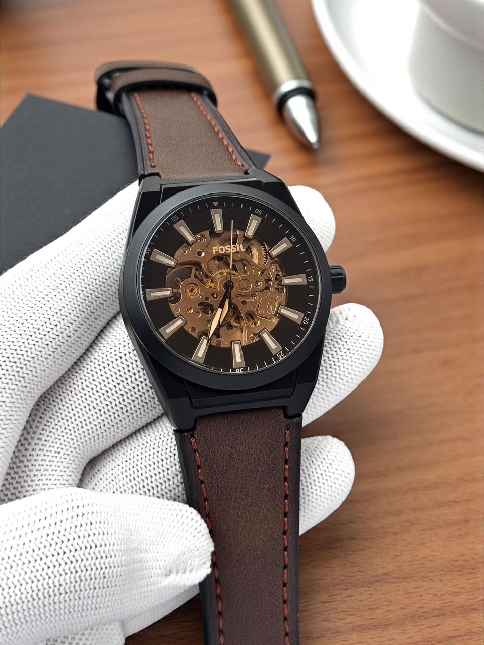 Fossil Executive Skeleton Automatic Watch – Espresso Brown Strap & Matte Black Case