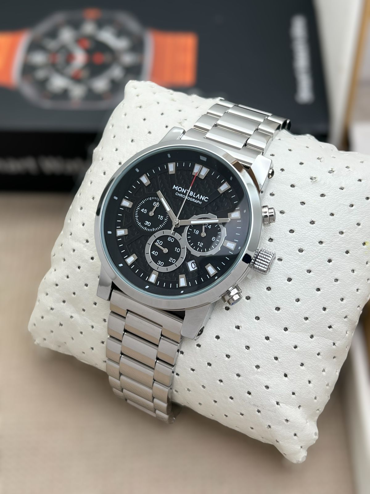 Montblanc Stainless Steel Chronograph – Black Patterned Dial Men’s Watch