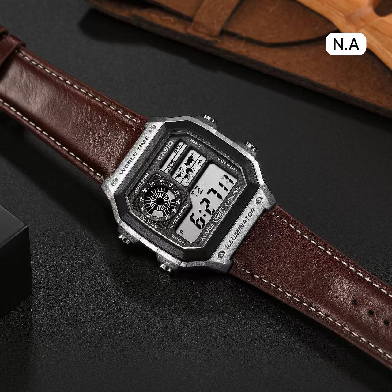 Casio Men’s World Time Digital Chronograph Watch – Brown Leather Strap