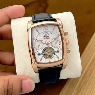 Luxury Rose Gold Skeleton Dial Automatic Watch – Black Leather Strap