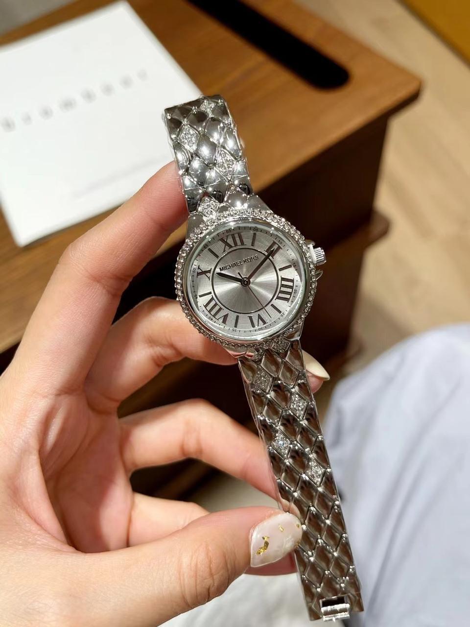 Michael Kors Silver Roman Mosaic Women’s Watch – Pavé Bezel Quilted Bracelet