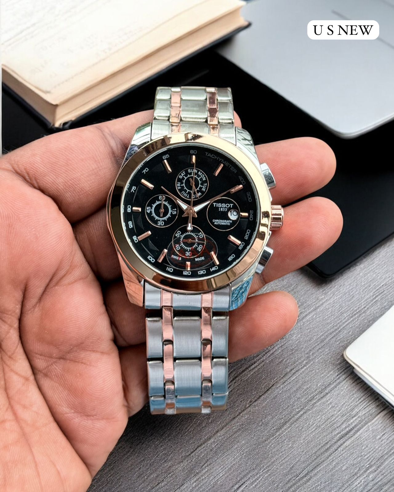 Luxury Tissot-Inspired Chronograph Men’s Watch – Dual Tone Stainless Steel Strap, Black Dial