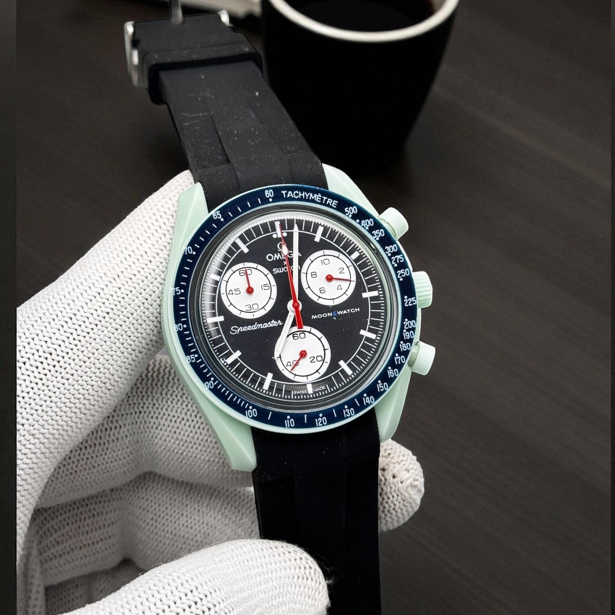 Luxury Speedmaster-Inspired Chronograph Moon Watch for Men – Black Dial with Tachymeter & Silicone Strap