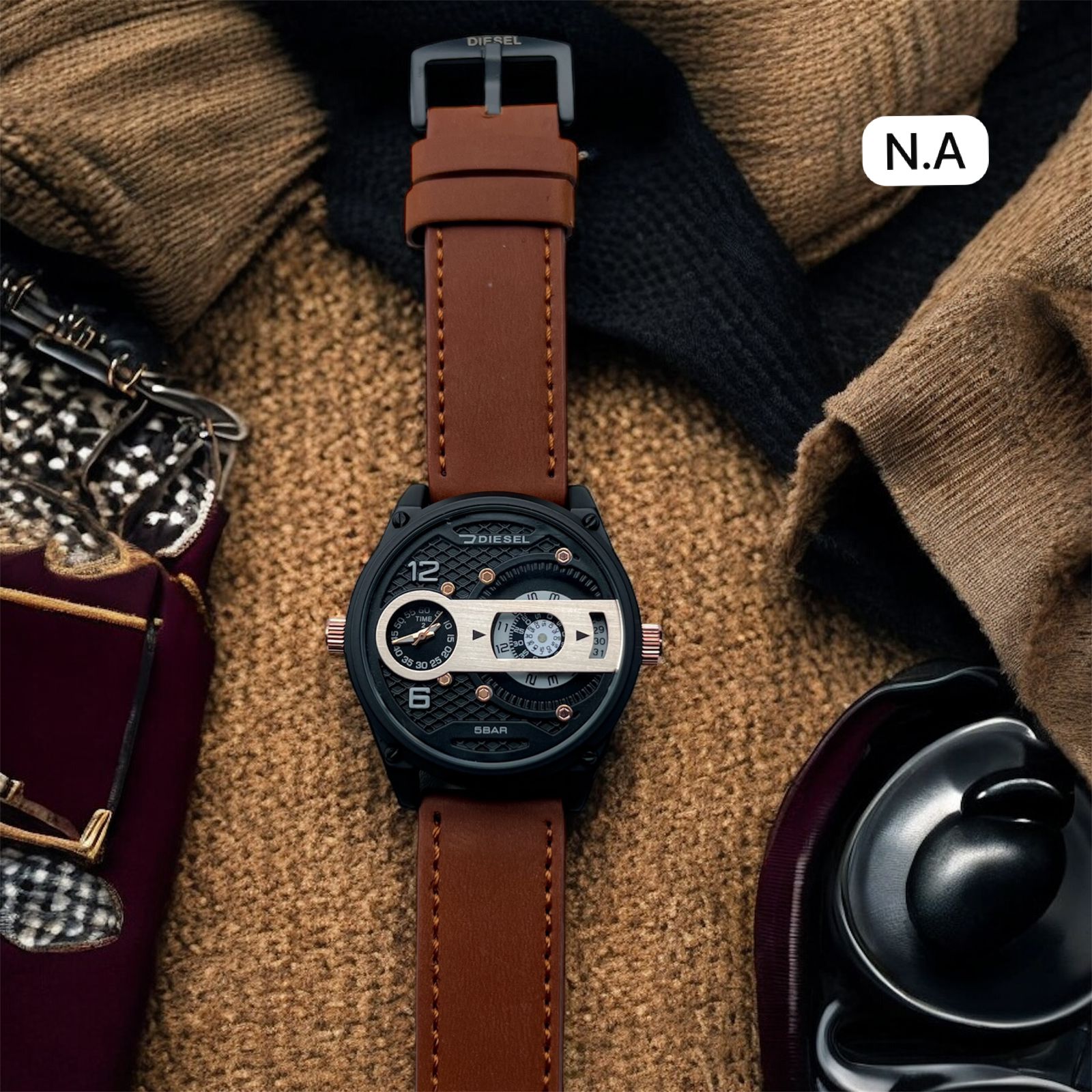 Diesel Premium Dual Dial Analog Men's Wristwatch with Brown Leather Strap