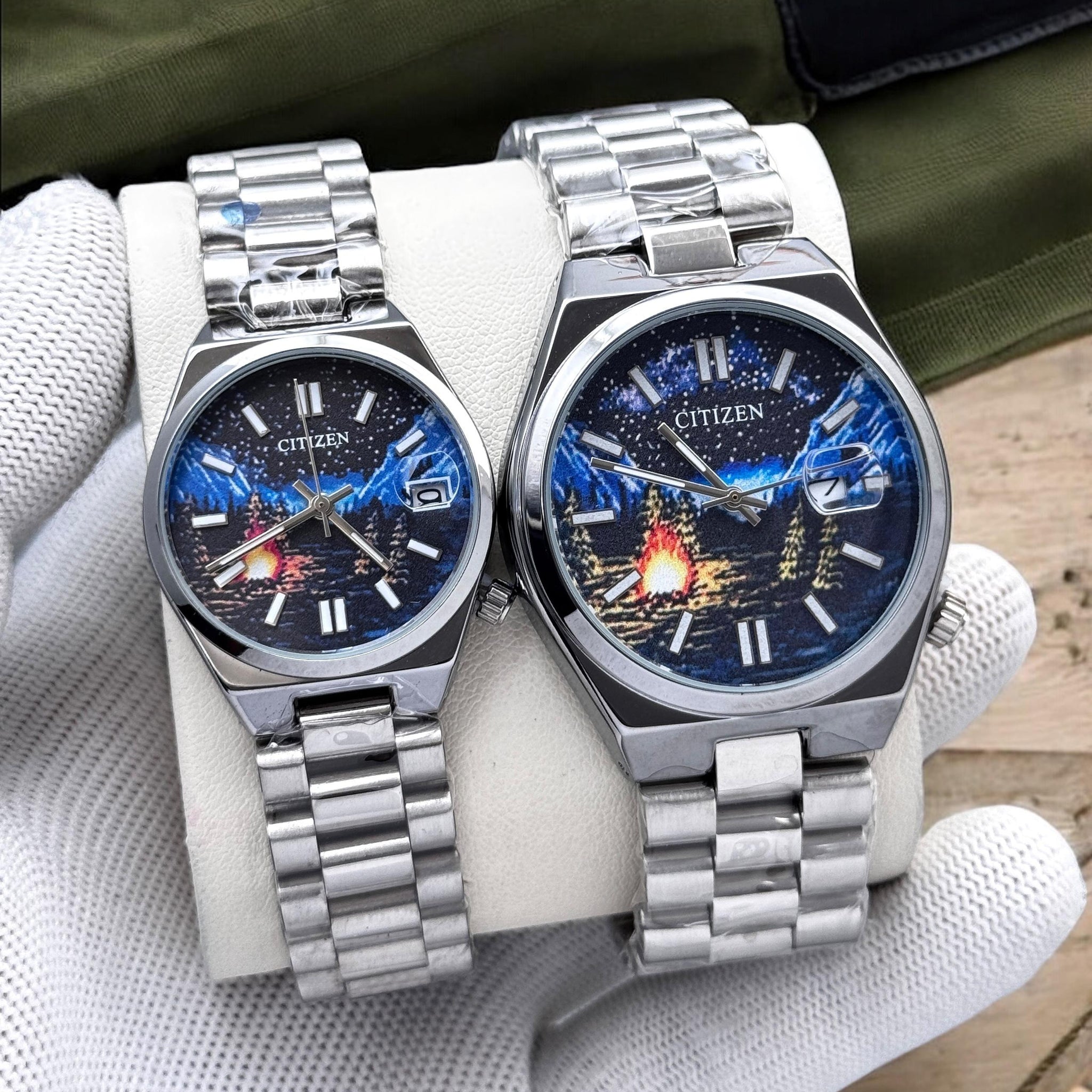 Citizen Couple Analog Stainless Steel Wristwatch Set – Night Sky & Mountain Design Dial (For Men & Women)