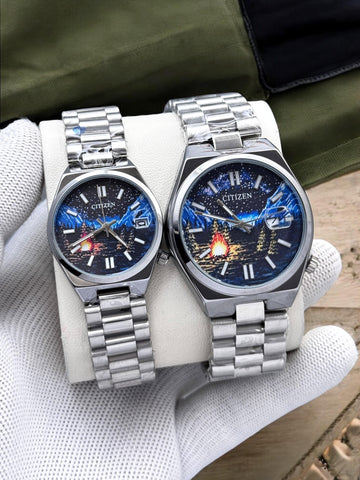 Citizen Couple Analog Stainless Steel Wristwatch Set – Night Sky & Mountain Design Dial (For Men & Women)