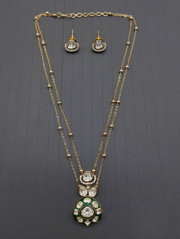 Elegant Green & White Kundan Double Layer Pendant Necklace Set with Earrings for Women & Girls
