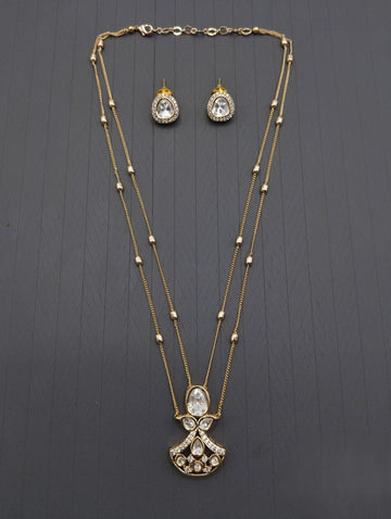 Elegant Gold-Plated Double Layer Kundan Necklace Set with Earrings for Women