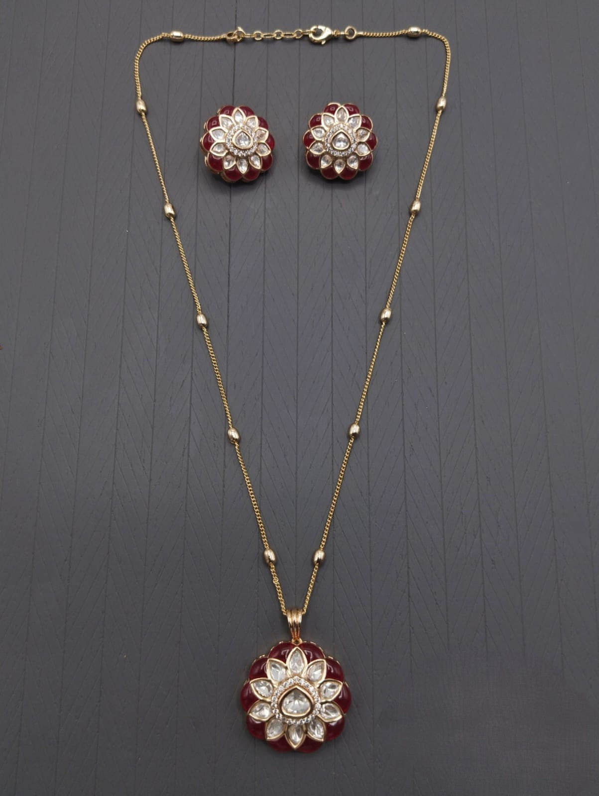 Traditional Red & White Kundan Flower Pendant Necklace Set with Matching Earrings for Women & Girls