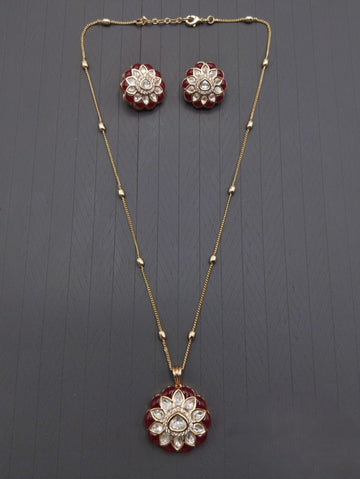 Traditional Red & White Kundan Flower Pendant Necklace Set with Matching Earrings for Women & Girls