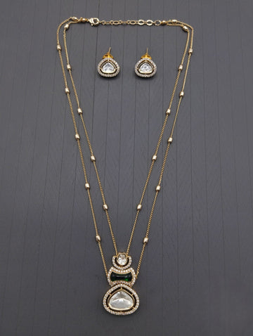 Traditional Green & White Kundan Double Layer Necklace Set with Earrings for Women