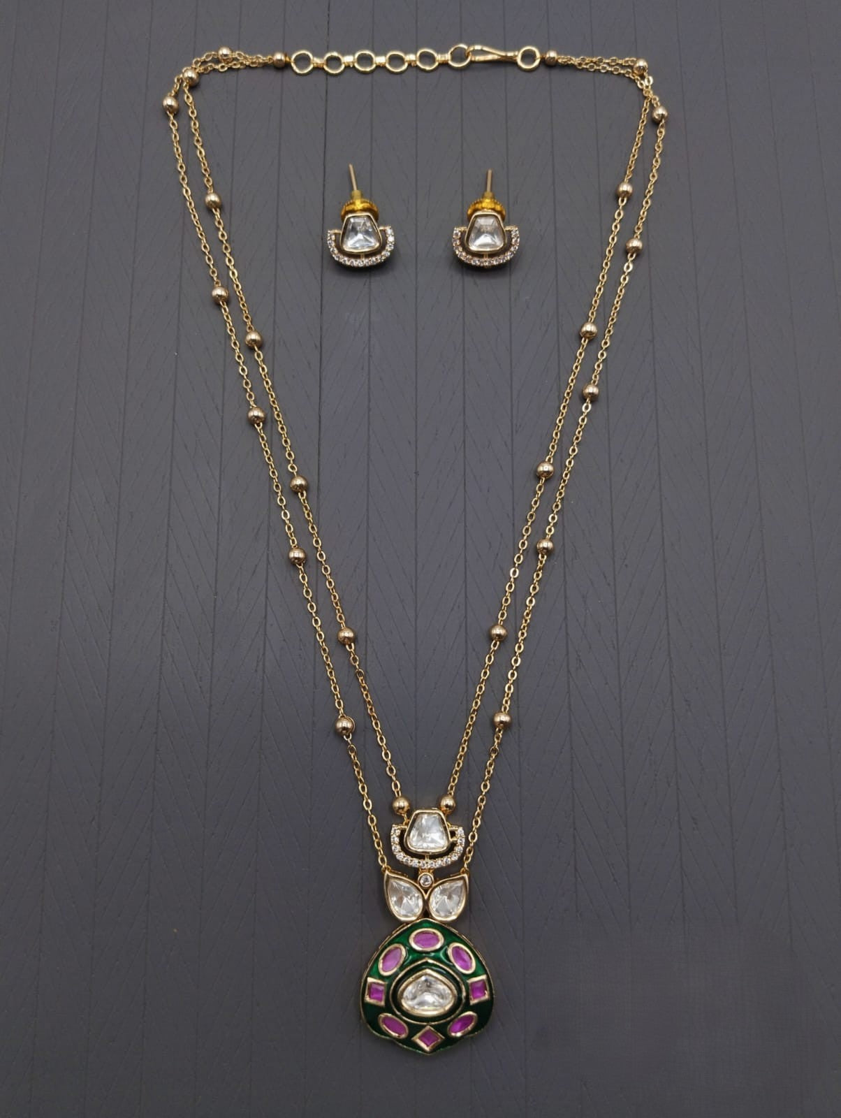 Gold-Plated Double Layer Kundan Necklace Set with Pink-Green Enamel Pendant & Earrings