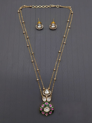 Gold-Plated Double Layer Kundan Necklace Set with Pink-Green Enamel Pendant & Earrings