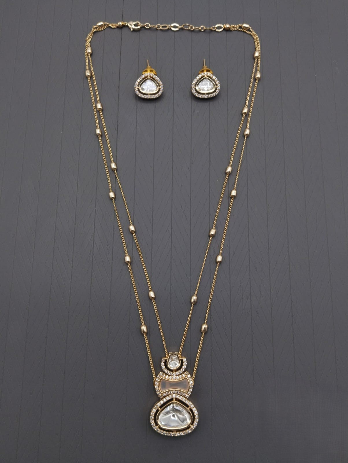 Royal Layered Kundan Pendant Necklace Set with Matching Earrings – Gold & White Finish