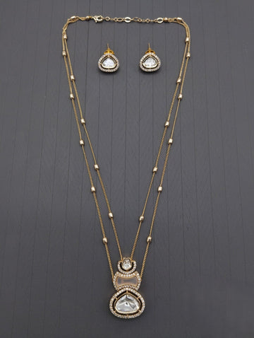 Royal Layered Kundan Pendant Necklace Set with Matching Earrings – Gold & White Finish