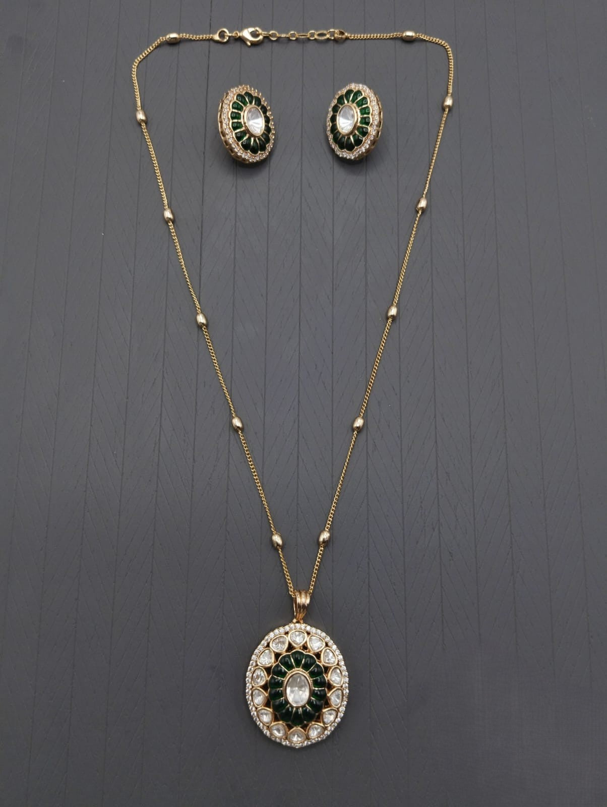 Traditional Green Kundan Round Pendant Necklace Set with Matching Earrings