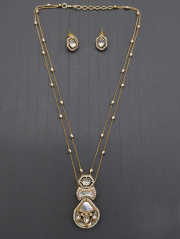 Elegant Layered Kundan Pendant Necklace Set with Matching Earrings – Gold & White Finish