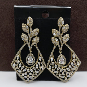 Luxury American Diamond Leaf & Drop Design Gold Plated Dangler Earrings for Women & Girls – Elegant Party & Wedding Wear Jewelry
