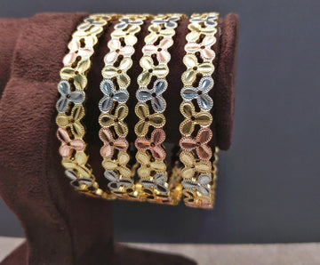 Floral Triple Tone Designer Artificial Bangle Set for Women (Gold, Silver & Rose Finish – Set of 4)