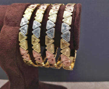 Stylish Tri-Color Triangle Pattern Artificial Bangle Set for Women – Gold, Rose & Silver Finish (Set of 4)