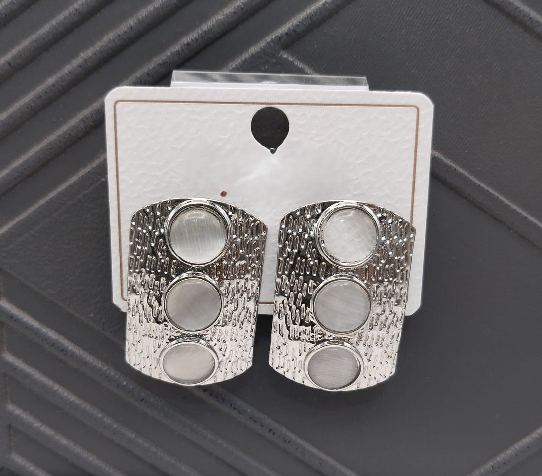 Trendy Silver-Plated Triple Stone Stud Earrings – Modern Artificial Jewelry for Women & Girls