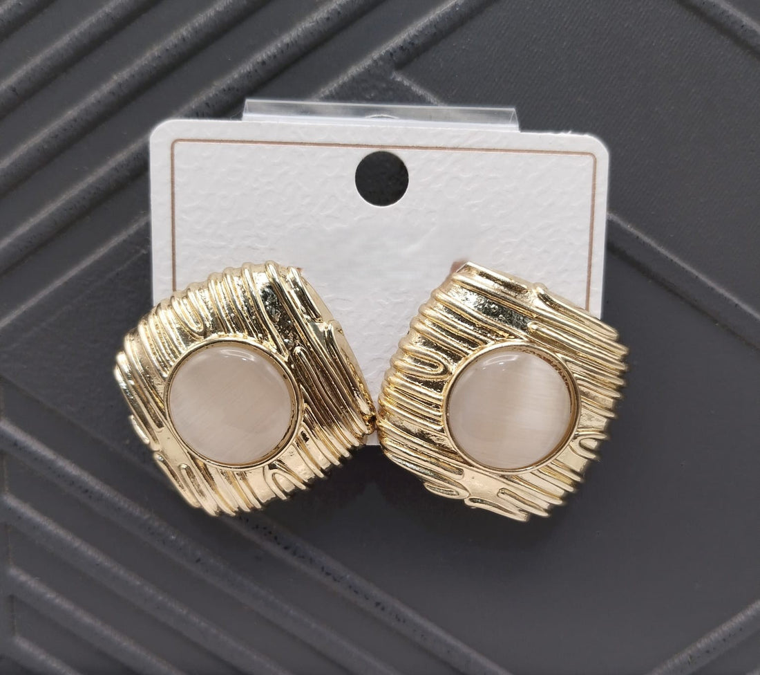 Elegant Golden-Plated Textured Stud Earrings with Round Stone Center – Premium Artificial Jewelry for Women & Girls