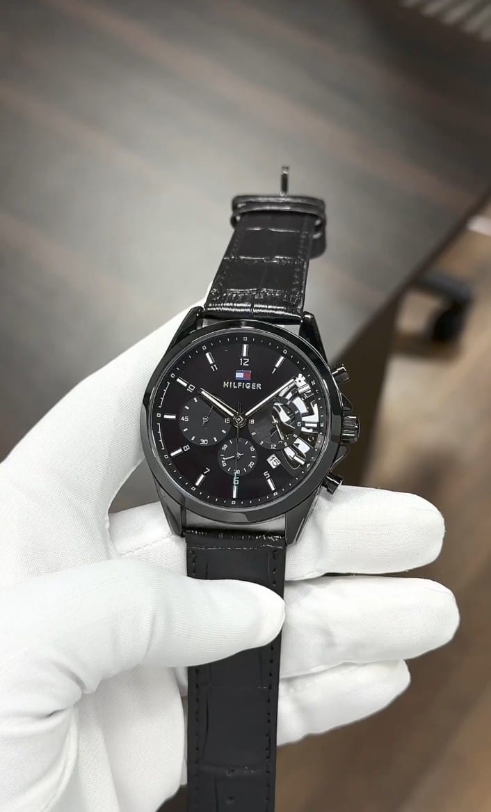 Men’s Black Luxury Analog Chronograph Watch with Leather Strap | Premium Stylish Wrist Watch for Men