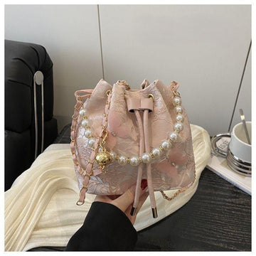 Women’s Lace Pearl Chain Bucket Bag | Elegant Pink Drawstring Sling Bag | Party Wear Designer Handbag for Girls
