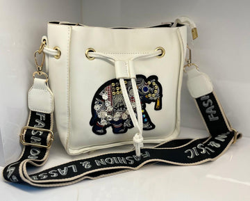 Trendy White Bucket Sling Bag for Women | Embroidered Elephant Design Shoulder Bag | Fashion & Classic Crossbody Purse