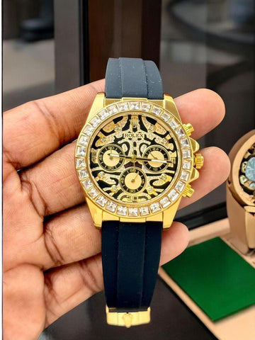 Luxury Gold Black Chronograph Analog Watch for Men | Stylish Royal Look Wrist Watch with Rubber Strap