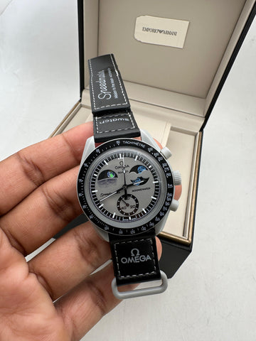 Premium Chronograph Style Moon Design Men’s Analog Watch | Tachymeter Bezel | Black Leather Strap